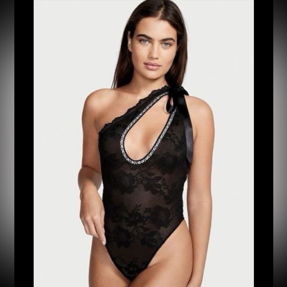Victoria's Secret One Shoulder Lace Rhinestone Plunge Teddy